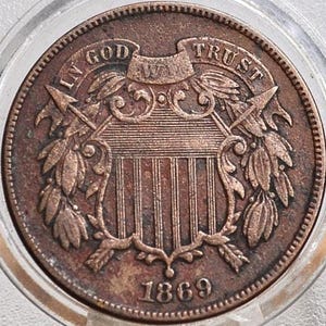 1869 Two Cent US Coin - VG-F (Very Good to Fine) Grade / Condition - Civil War Era - 2 Cent Piece 1869 - Two Cent Coins