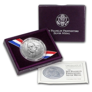 1992-P 1 ozt .999 Silver Benjamin Franklin Firefighters Commemorative Medal Philadelphia W/ Box and COA