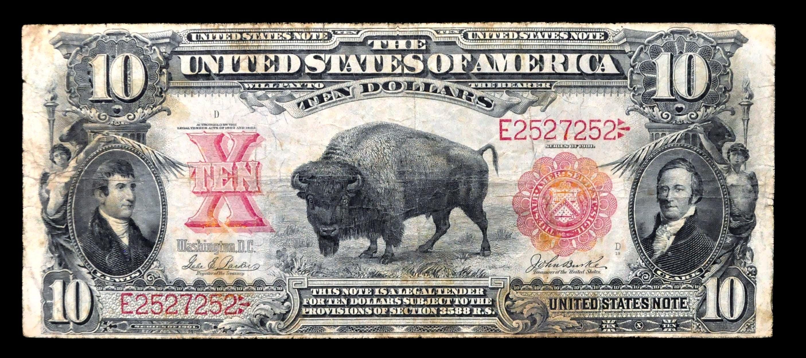1901 US Legal Tender 10 Dollar Bison Note - RARE Parker/burke Signed ...