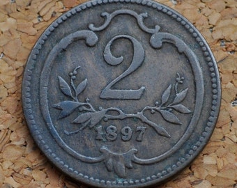 1897 2 Heller Austrian Coin - XF (Extremely Fine) Details / Condition - Austria Franz Joseph I 1897 Two Heller