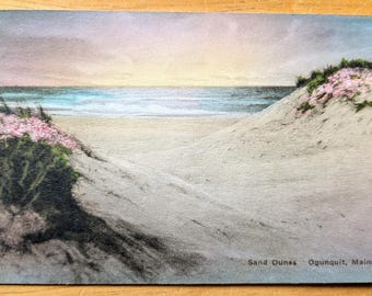 1936 handgekleurde zandduinen Ogunquit Maine ansichtkaart - Alberttype Co. - Antieke handgekleurde Ogunquit Beach ME ansichtkaart