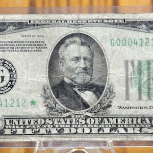 1934 Federal Reserve 50 Dollar STAR Note - Chicago (G) - Dark Green Seal - Low Serial Number - 1934 Fifty Dollar Star Note - Fr.2102-G
