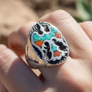Vintage Sterling Silver Indian Peyote Bird Chip Inlay 10 Ring - Turkos & Röd Korall Mosaic Bird Ring Thunderbird