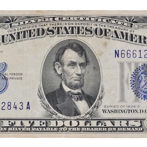 1934-C Fancy Devil 666 Serial 5 Dollar Silver Certificate - 66612843 - 1934C Five Dollar Silver Cert Devil Note - Fr#1653