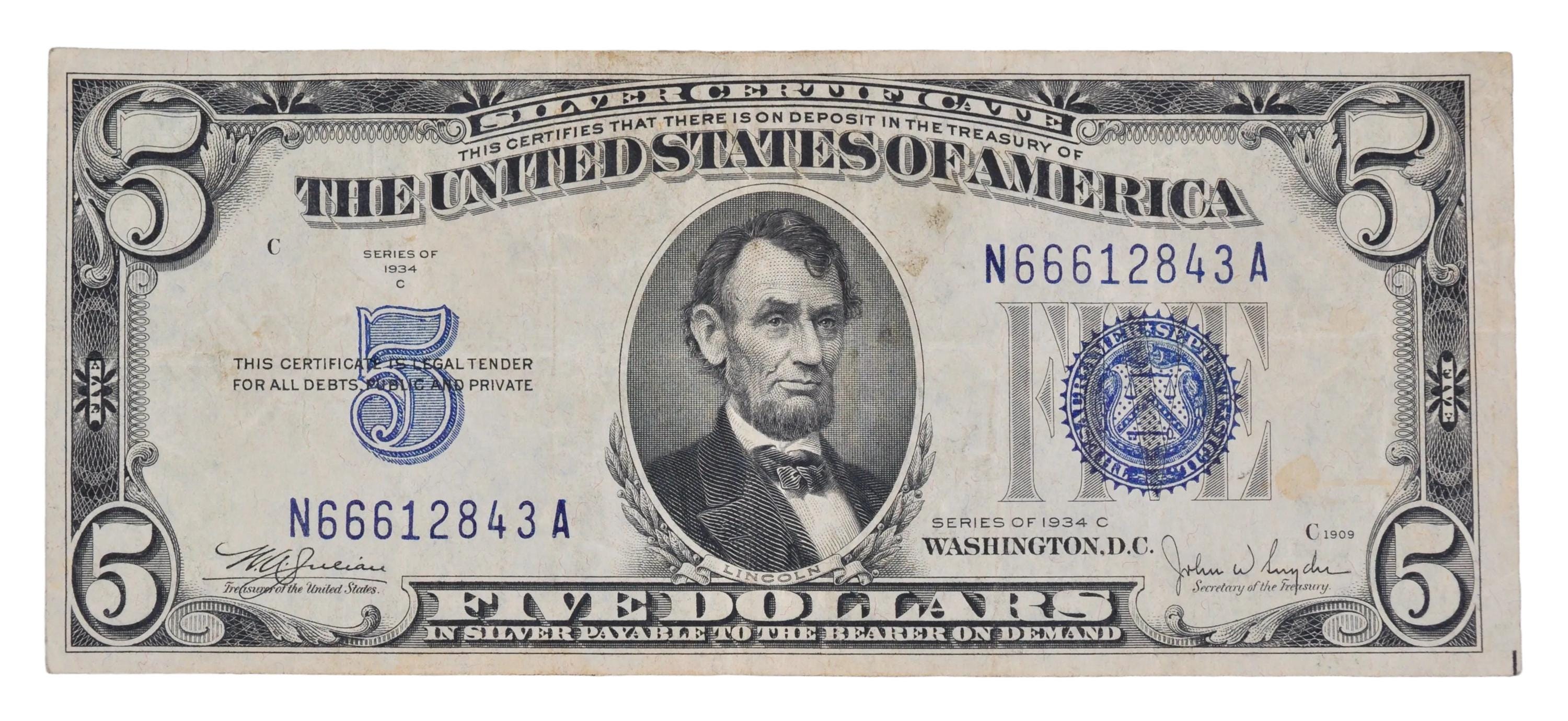 1934-C Fancy Devil 666 Serial 5 Dollar Silver Certificate - 66612843 ...
