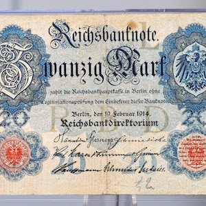 1914 20 Mark German Paper Note - Reichsbanknote - Great Condition - 7 Digit Serial Number - WWI Era 1914 Twenty Marks Germany Note - P#46b