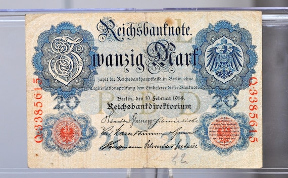 1914年 20マルク ドイツ紙幣 - ライヒスバンクノート - 状態良好 - 7桁