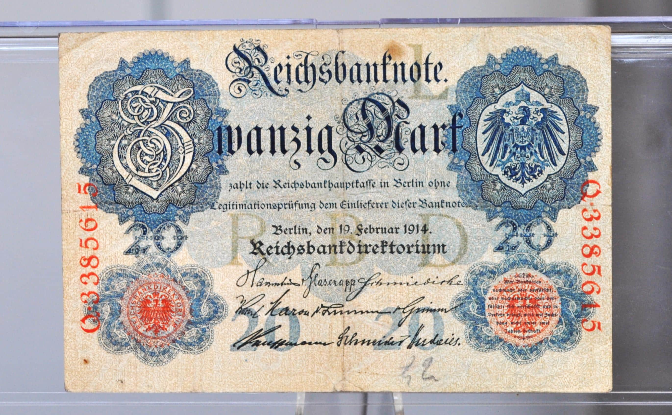 1914年 20マルク ドイツ紙幣 - ライヒスバンクノート - 状態良好 - 7桁