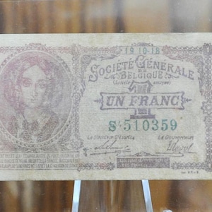 1918 Belgian 1 Franc Small Bank Note - Mauve Ink, 19-10-18 - German Occupation WWI - 1918 Societe Generale One Franc Een Franc Note - P#86b