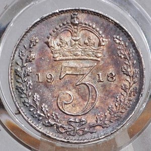 1918 Britain 3 Pence Silver - Uncirculated, Toned - Great Britain Silver Threepence 1918 - George V - Higher Grade