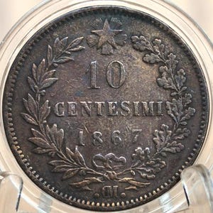 1867 Italian 10 Centesimi - Great Condition (VF) - 1867 10 Cent Coin Italy - Vittorio Emanuele II - Copper