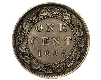 May include: A close-up of an antique one-cent coin from 1893. The coin features the words "ONE CENT" and the year "1893" in the center. A decorative border of leaves and dots surrounds the text.
