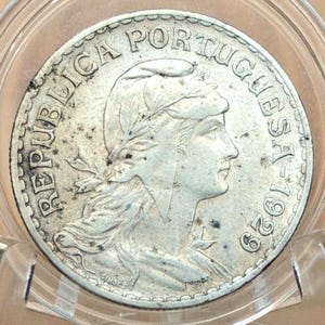 1929 Portuguese 1 Escudo Portugal - AU Details - Beautiful Design, Simple - Portuguese Coin