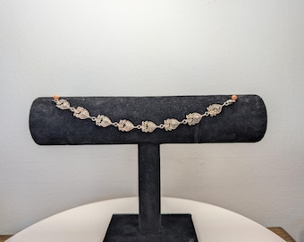 Sterling Silver Floral Heart Bracelet - 7.5 Inches - Stamped and Tested Sterling Silver - Very Old Bracelet