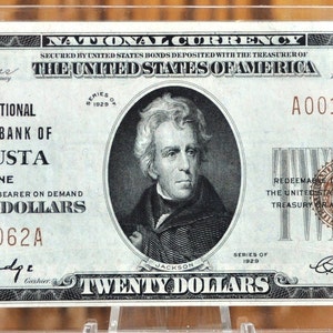 1929 20 Dollar National Bank Note Fr1802-1, S-2121 - Wahl Stempelglanz - Type 1, First National Bank von Augusta Maine, Charta 498