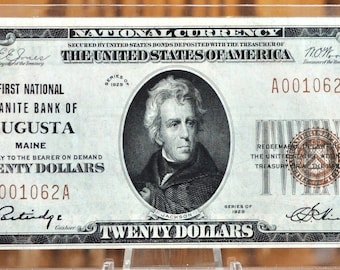 1929 20 Dollar National Bank Note Fr1802-1, S-2121 - Choice Uncirculated - Type 1, First National Bank of Augusta Maine, Charter Number 498