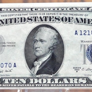 Certificato d'argento Blue Seal da 10 dollari del 1953 Fr#1706 - Scegli in base al grado/condizione - Certificato d'argento da 10 dollari del 1953