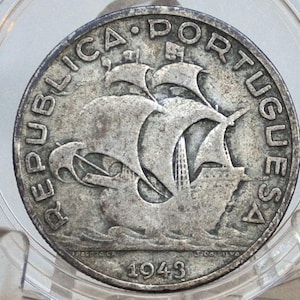 1943 Portuguese Silver 5 Escudos Portugal - Great Condition - Scarce and Great Year, Beautiful Design - Republica Portugesa Five Escudos 194