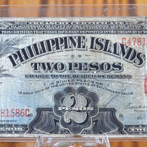 1929 Philippines 2 Pesos Treasury Certificate, Rarer Note - Great Condition - 1929 Two Pesos Treasury Certificate 1929 P# 74b