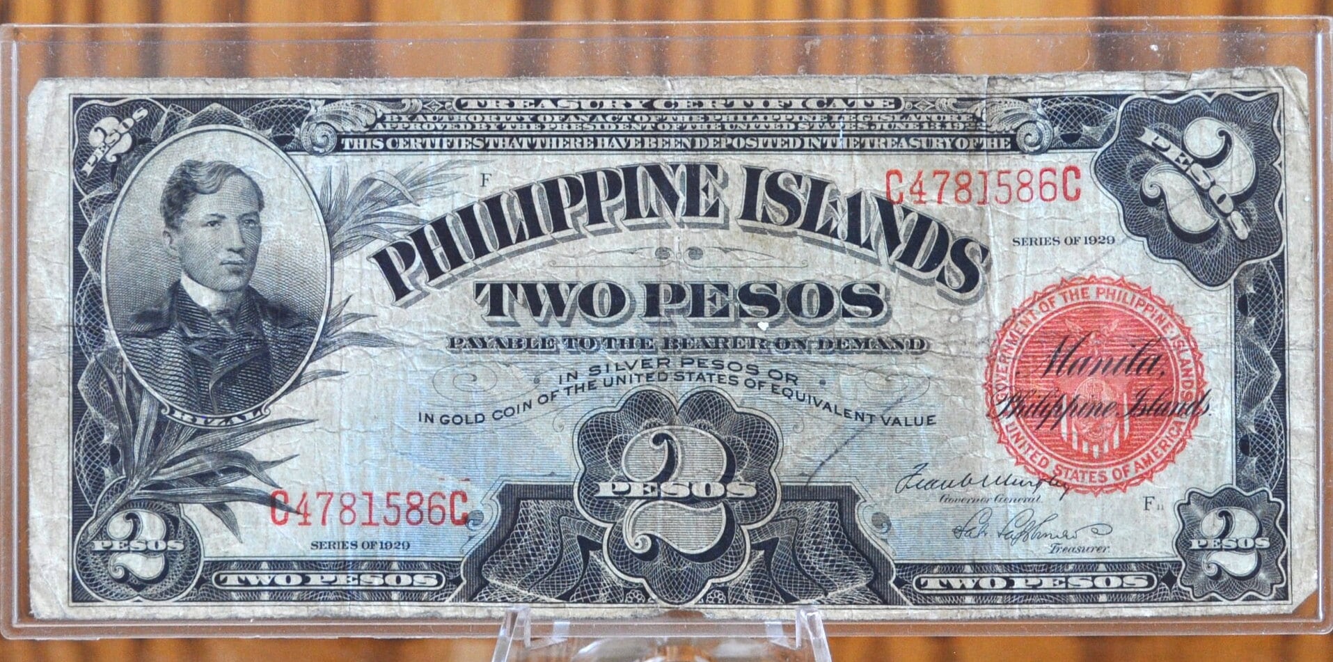 1929 Philippines 2 Pesos Treasury Certificate, Rarer Note - Great