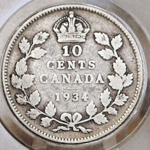 1934 Canadian Silver 10 Cent Coin - Choose by Grade / Condition - Low Mintage Date - Canada 10 Cent Sterling Silver 1934 Canada