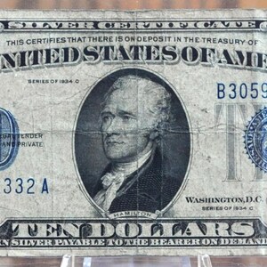 1934 10 Dollar Silver Certificate Choose by Grade / Condition Blue