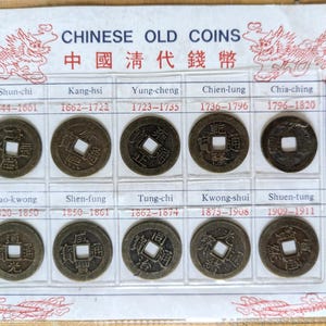 Alter chinesischer Geldmünzensatz - chinesische Tongbao Geldmünzen beschriftet mit Beschreibung und Zeitrahmen-Etiketten - Toller Zustand -
