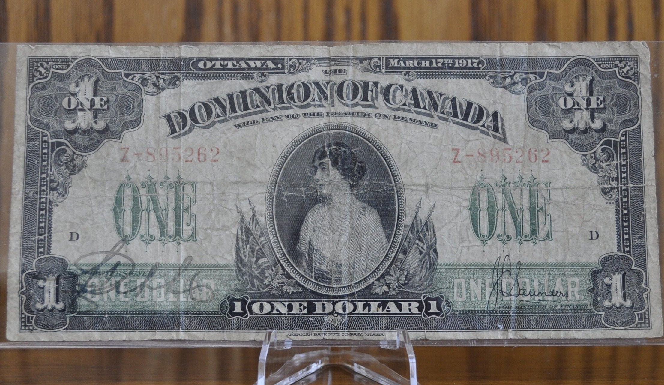 1917 Dominion of Canada One Dollar - No Seal, Z Prefix, Rarer Type