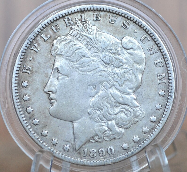 May include: A silver US Morgan dollar coin with the year 1890 and the inscription "E PLURIBUS UNUM" around the edge. The coin features a profile of Lady Liberty with flowing hair and a crown of laurel leaves.