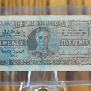 Billete de 25 centavos del gobierno de Ceilán de 1942 - Segunda Guerra Mundial, billete del rey Jorge VI - Billete de Sri Lanka - Billete de veinticinco centavos de Ceilán británico de 1942 - P#44a