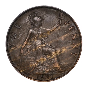 Great Britain 1921 One Penny Attractive Wood Grain Alloy Mix Toning - Error Penny UK "Woody"