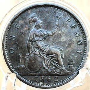1862 Great Britain One Penny - XF (Extremely Fine) Grade/Condition - UK Penny 1862 England 1 Cent - Queen Victoria - Bronze, High Grade