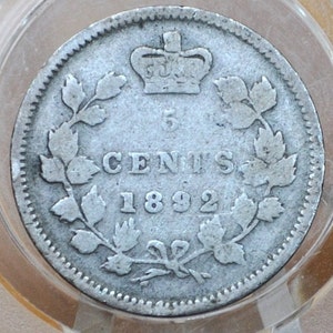 1892 Canadian Silver 5 Cent Coin - VG - Queen Victoria - Canada 5 Cent Sterling Silver 1892 Canada