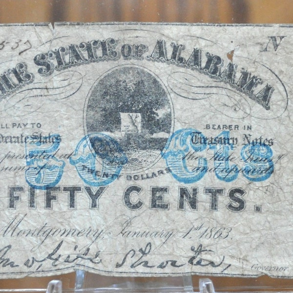 1863 The State of Alabama 50 Cent Banknote - Rarer Find, Obsolete Currency / Broken Banknotes - Fifty Cent State Issued Fractional Alabama