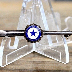May include: A silver-toned pin featuring a miniature sword design with a decorative handle and a central emblem. The emblem has a blue star on a white background, encircled by a blue ring with text. A small, round, purple gem is set in the sword's hilt.