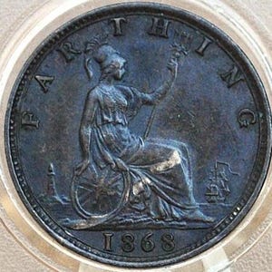 1868 Farthing Great Britain - Choice AU, Beautiful Coin - UK Farthing 1868 - Queen Victoria Young Head - Bronze
