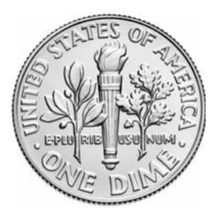 May include: A silver US dime coin with the inscription "United States of America" and "One Dime" around the edge. The center of the coin features a torch with two branches on either side. The inscription "E Pluribus Unum" is below the torch.