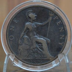 1896 Great Britain One Penny - F (Fine) Condition - UK Large Penny 1896 - Queen Victoria 1 Penny - Bronze - UK penny Old Head 1896