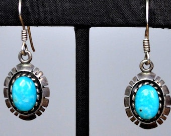 Silver Turquoise Cut Edges Earrings - Stamped and Tested Sterling Silver - Authentic Native Jewelry