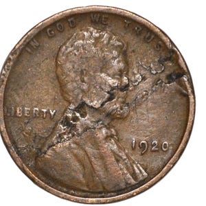 1920 Lincoln Penny Facial Distortion Lamination Error - 1920 Unikt Lincoln Penny Lamination Error