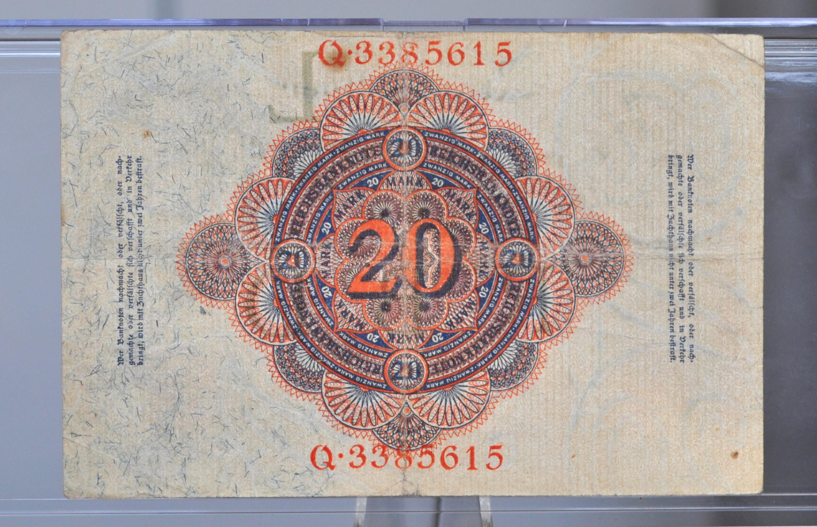1914年 20マルク ドイツ紙幣 - ライヒスバンクノート - 状態良好 - 7桁