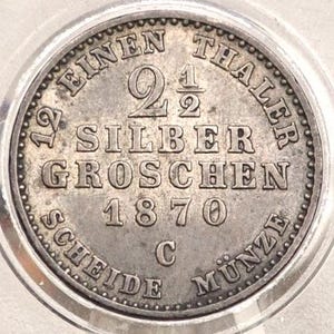 1870 Prussian 2 1/2 Silber Groschen Coin - AU (About Uncirculated) Condition - William I -