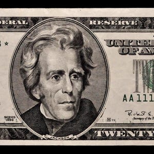 Pode incluir: Um close-up de uma nota de vinte dólares dos Estados Unidos. A nota apresenta um retrato de Andrew Jackson e o texto "Twenty Dollars". A nota é principalmente verde e branca com texto e detalhes em preto.