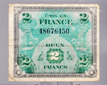 1944 France 2 Franc Paper Note - WWII Era French Bank Note