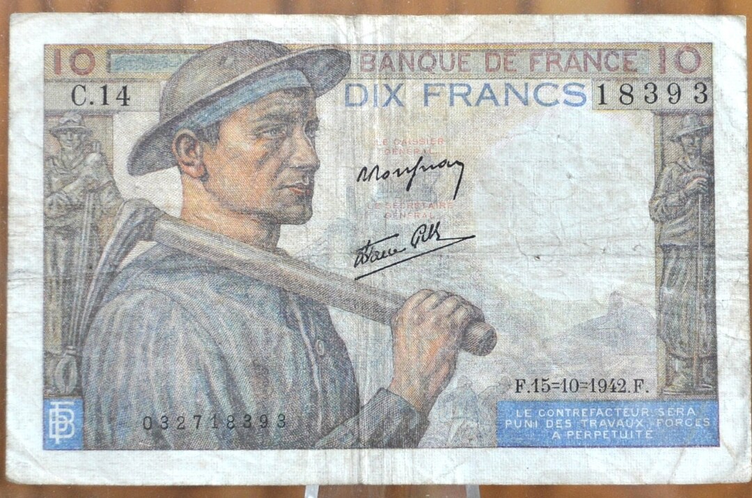 1942 France 10 Franc Banknote - Miner Type - Pick Number 99d (p#99d ...
