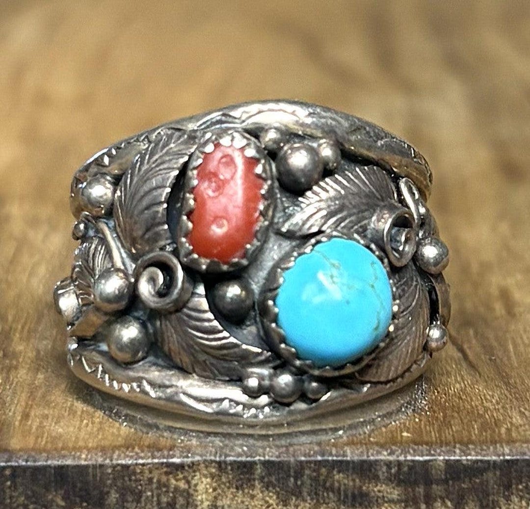 Vintage Navajo Sterling Silver Turquoise & Coral Ring Size 9.5
