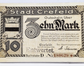 1918 Crefeld Germany 10 Mark Notgeld - Rarer Overstamp "Entwertet" Type - High Denomination - 1918 German Municipality Ten Marks Note