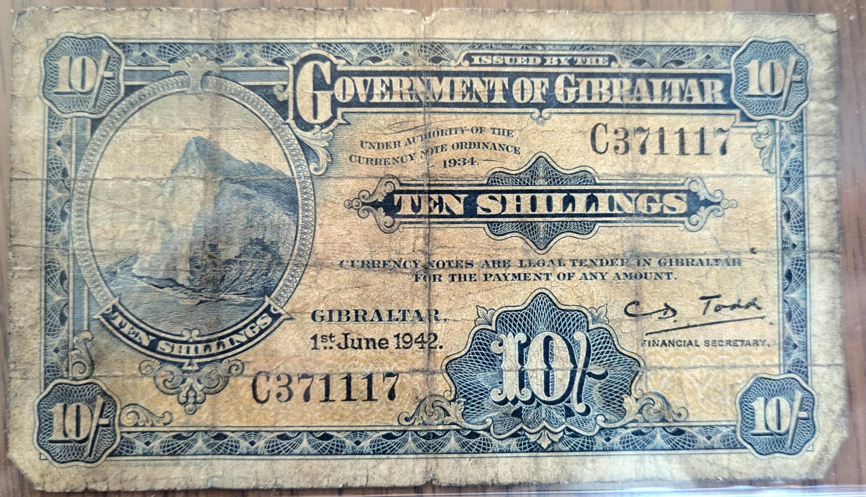 1942 Government of Gibraltar 10 Shillings Note - Financial