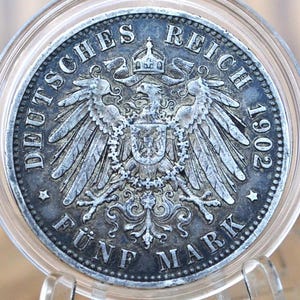 1902 German States 5 Mark Prussia Silver - AU (About Uncirculated) - Germany 1902 Funf Mark German Silver Coin - Great coin for a collection