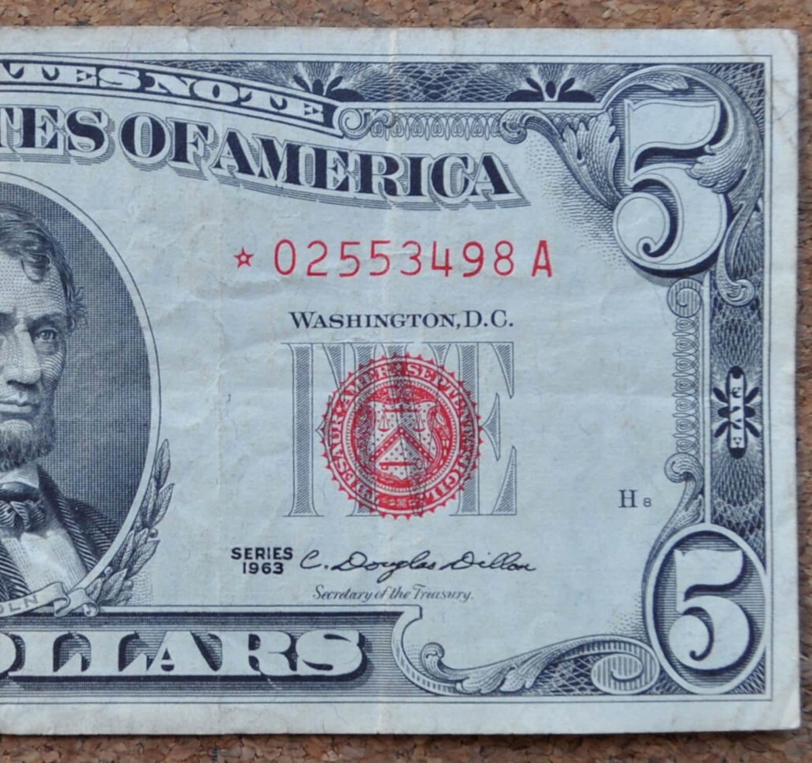 1963 Red Seal 5 Dollar Bill Star Note / Five Dollar Bill Star Etsy